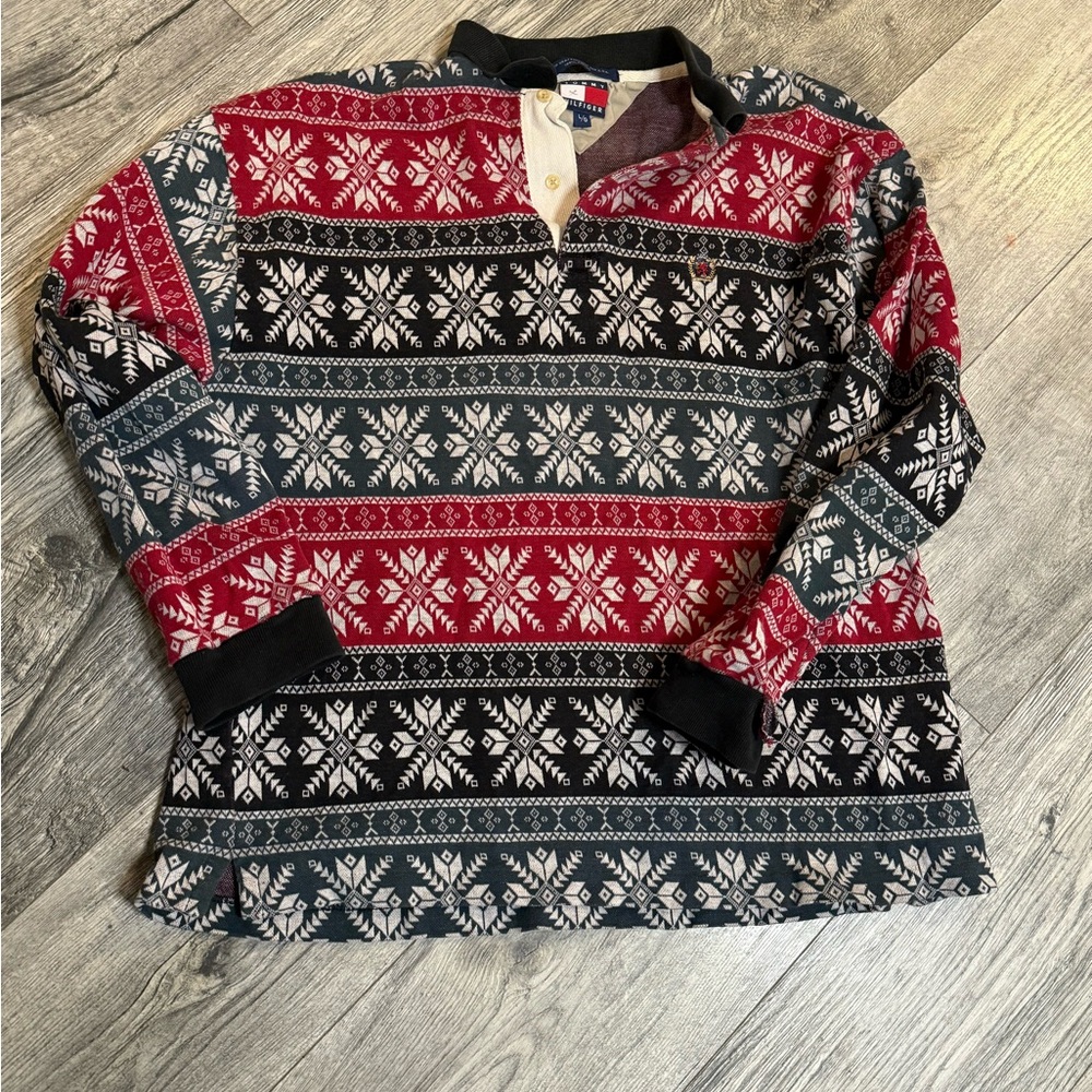 Vintage men’s 90s Tommy Hilfiger snowflake polo long sleeve